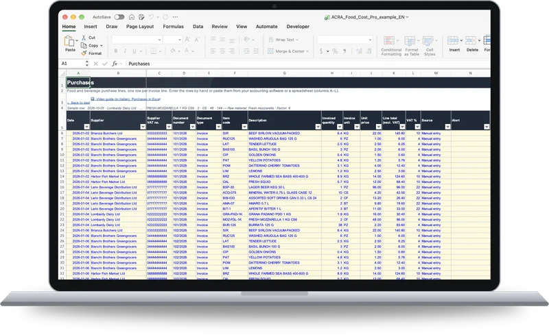 The Purchases sheet with one row for each supplier invoice line